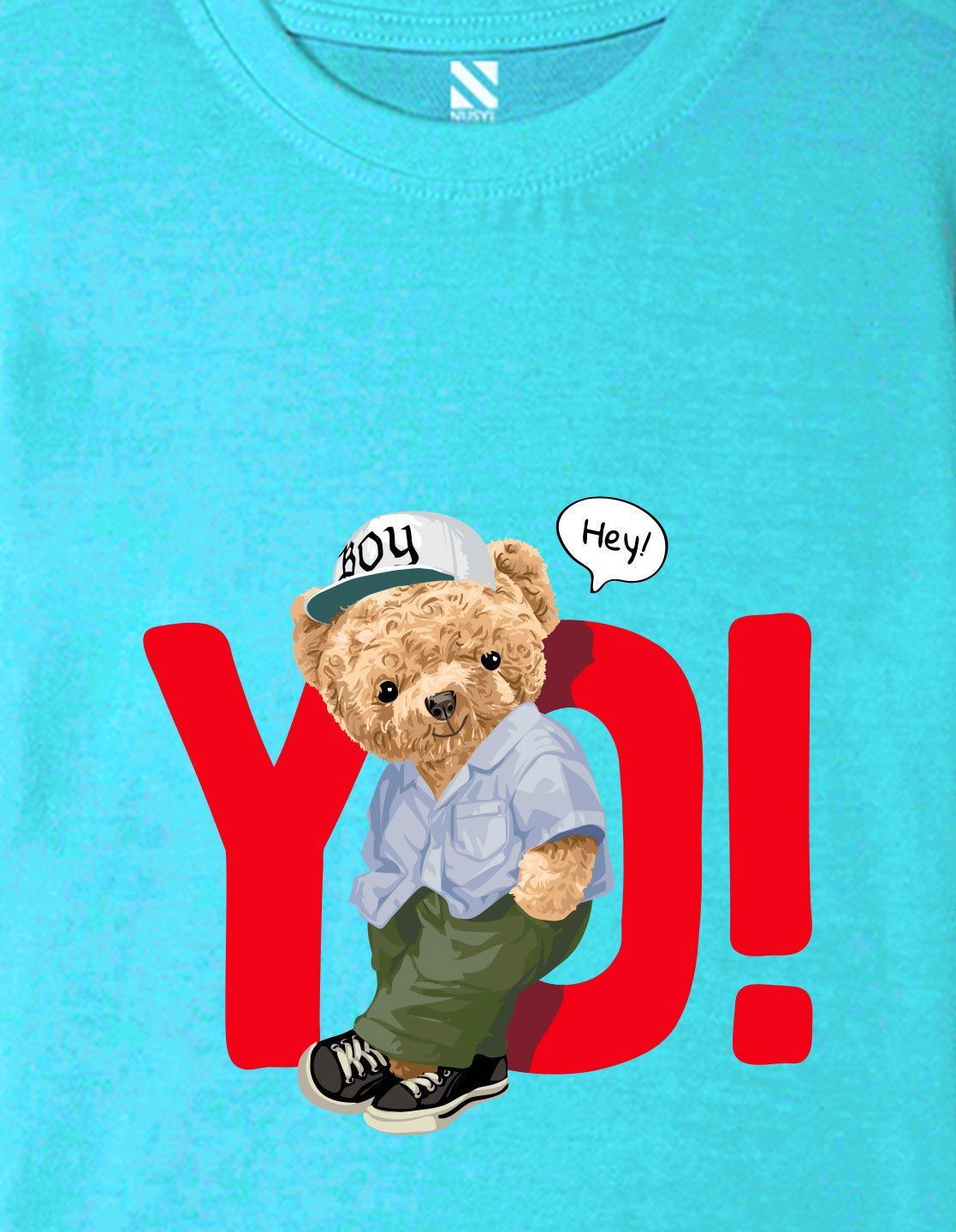 Nusyl Boys Sky Blue Teddy Bear & Text Printed Short sleeve Cotton Blend Oversized T-shirts