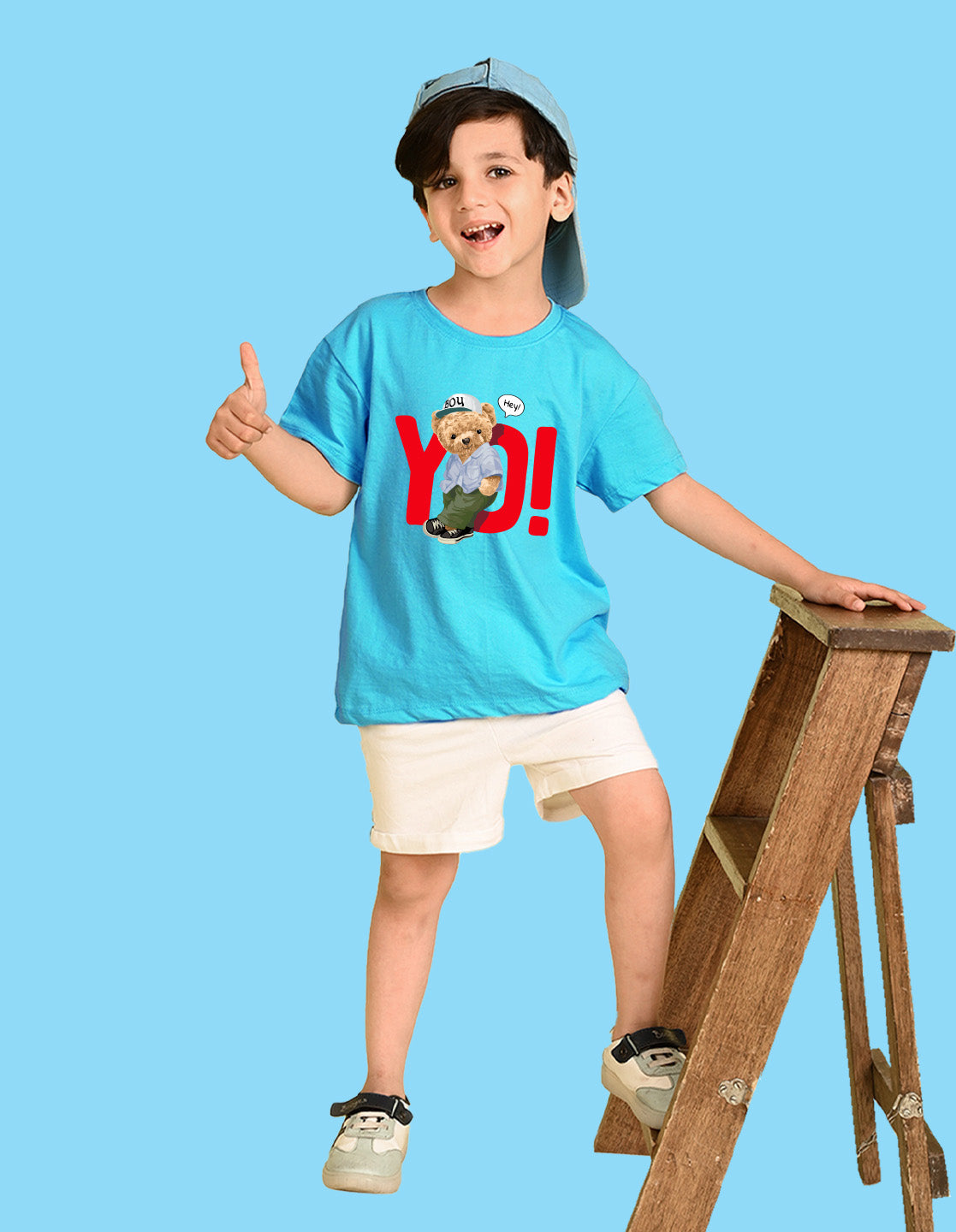 Nusyl Boys Sky Blue Teddy Bear & Text Printed Short sleeve Cotton Blend Oversized T-shirts