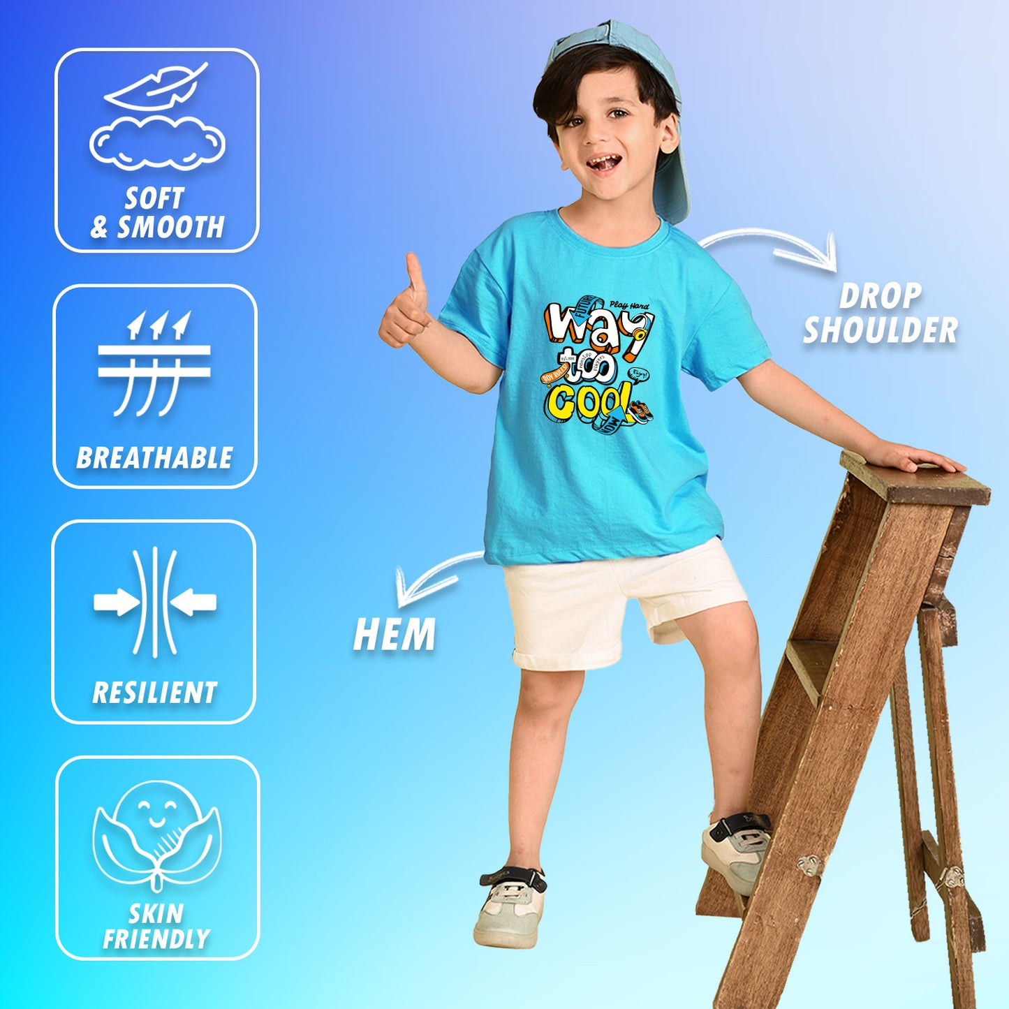 Nusyl Boys Sky Blue Way To Cool Text Printed Short sleeve Cotton Blend Oversized T-shirts