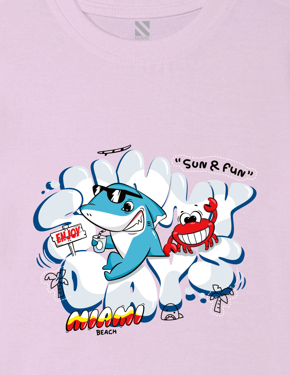 Nusyl Boys Lilac Shark & Text Printed Short sleeve Cotton Blend Oversized T-shirts