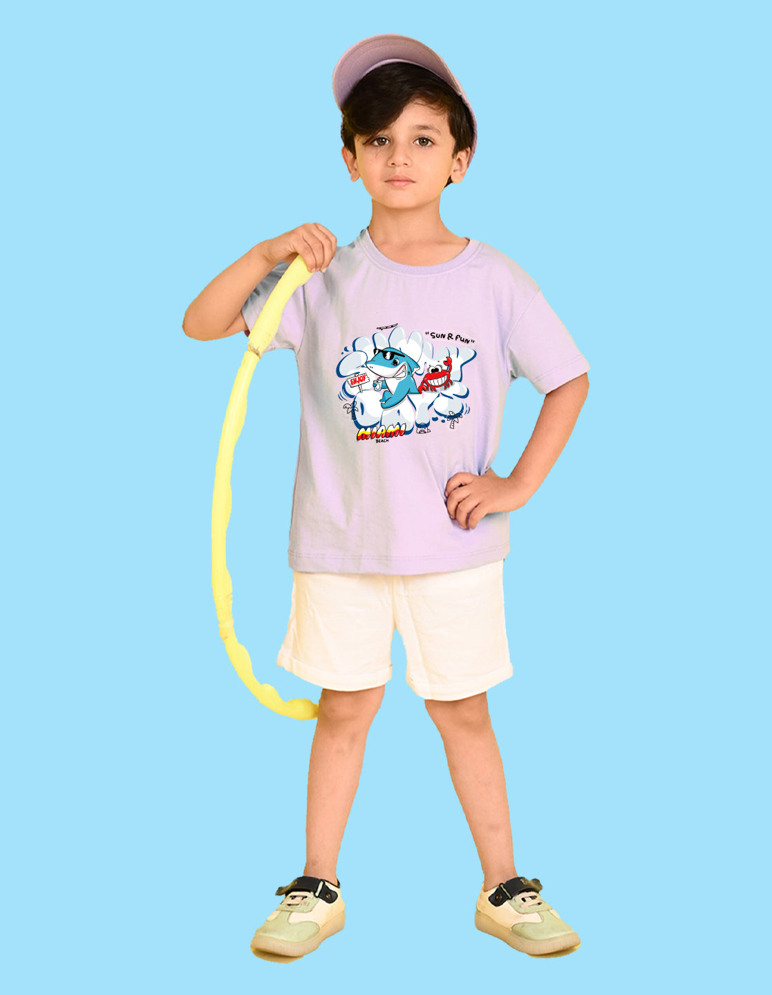 Nusyl Boys Lilac Shark & Text Printed Short sleeve Cotton Blend Oversized T-shirts
