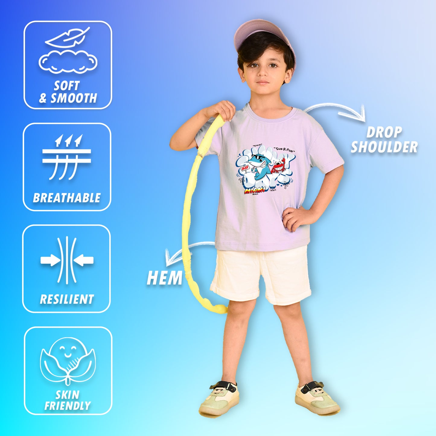 Nusyl Boys Lilac Shark & Text Printed Short sleeve Cotton Blend Oversized T-shirts