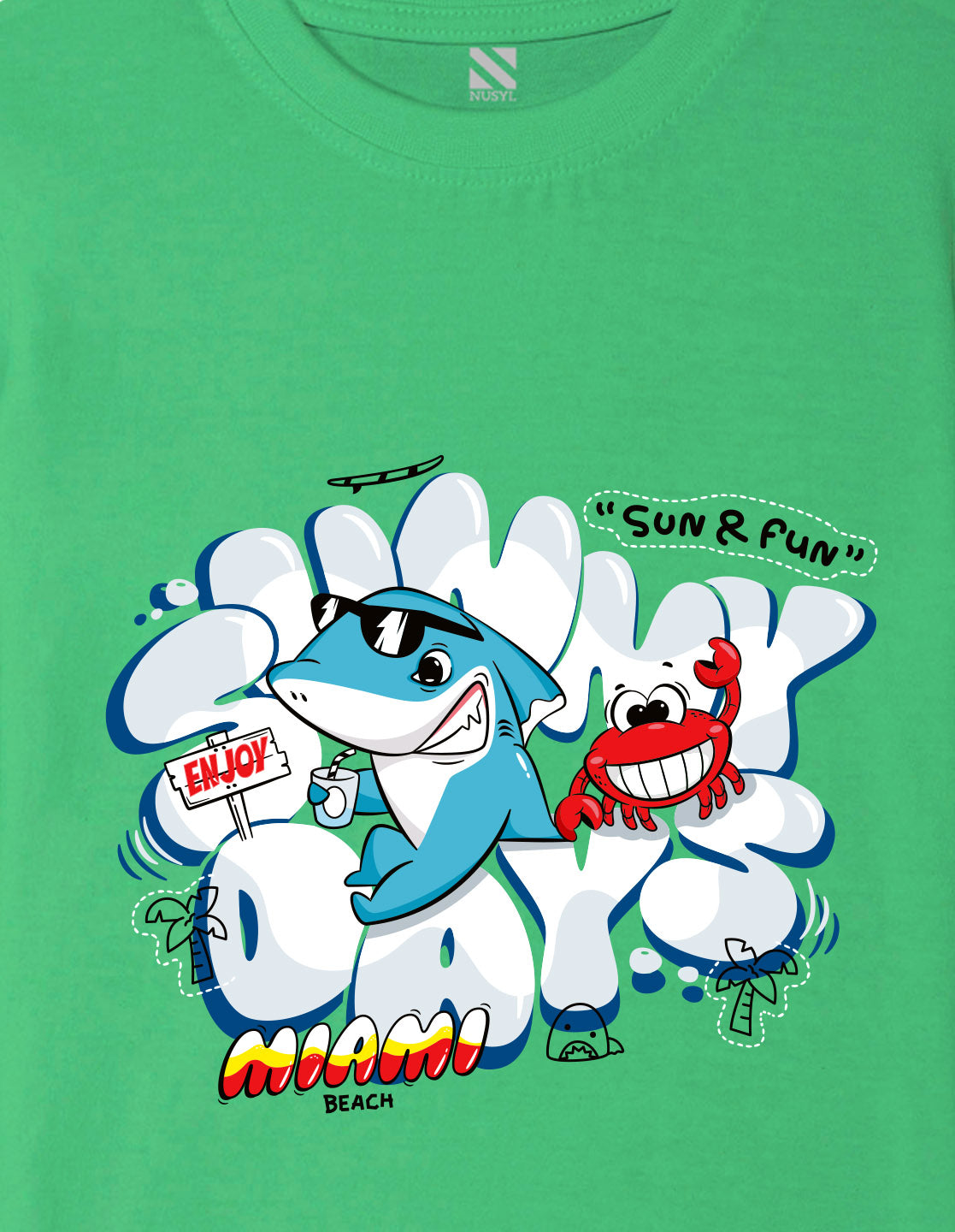 Nusyl Boys Green Shark & Text Printed Short sleeve Cotton Blend Oversized T-shirts