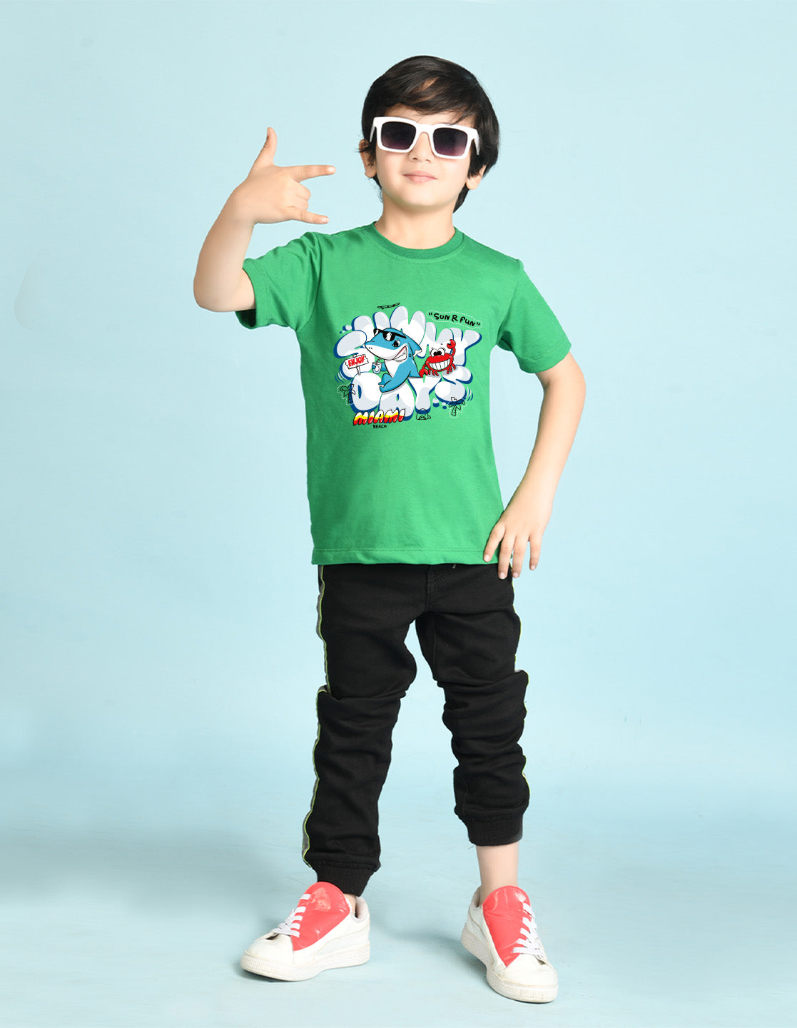 Nusyl Boys Green Shark & Text Printed Short sleeve Cotton Blend Oversized T-shirts