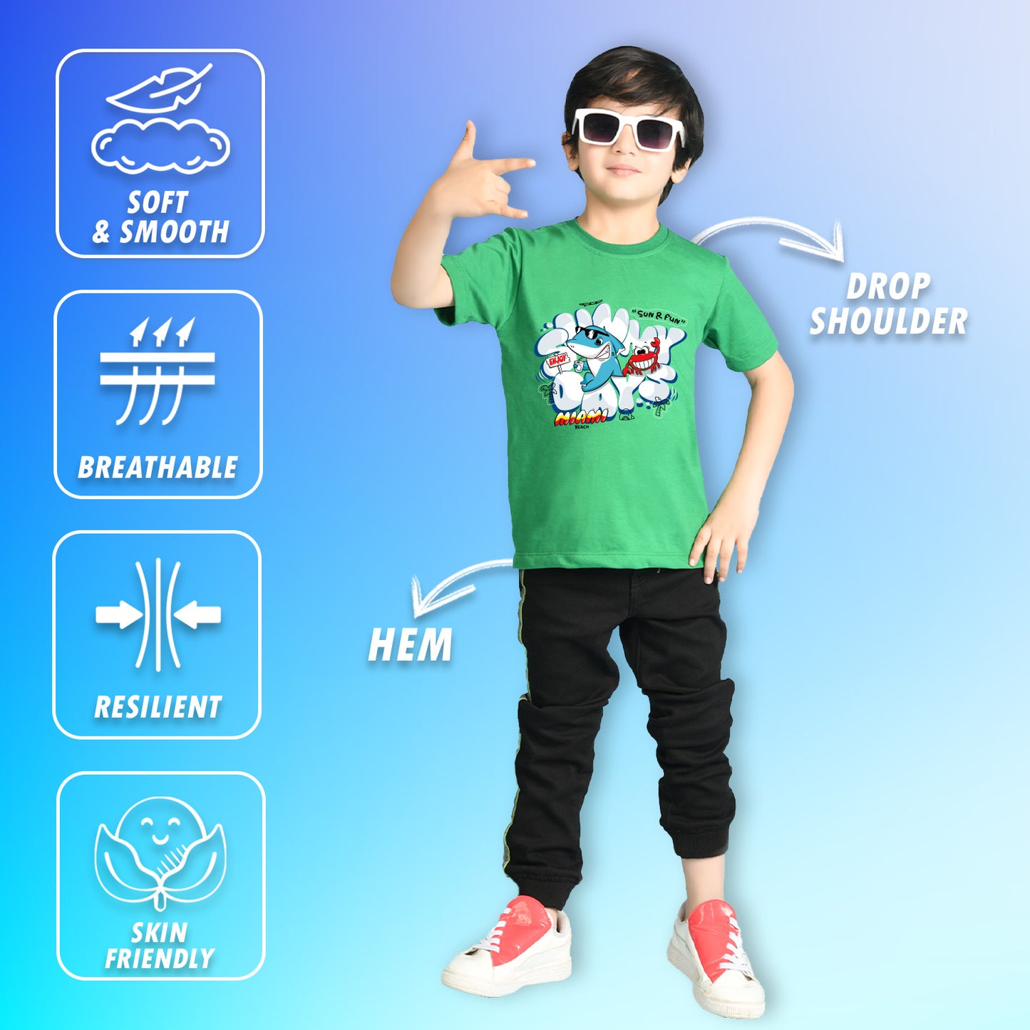 Nusyl Boys Green Shark & Text Printed Short sleeve Cotton Blend Oversized T-shirts