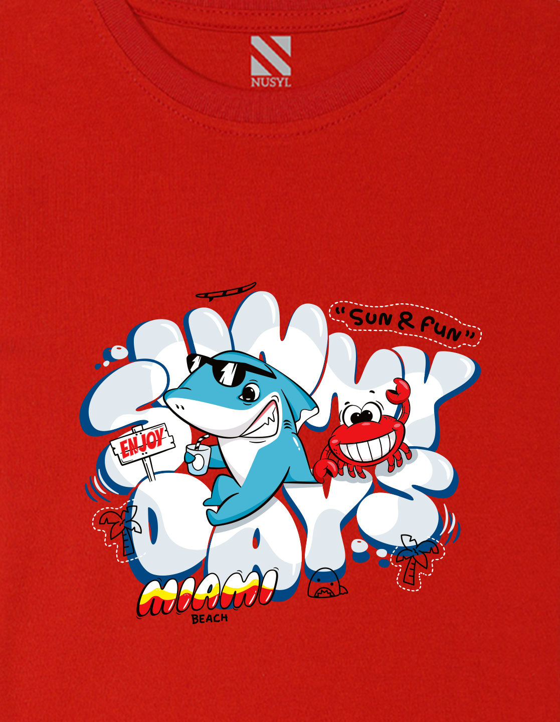 Nusyl Boys Red Shark & Text Printed Short sleeve Cotton Blend Oversized T-shirts