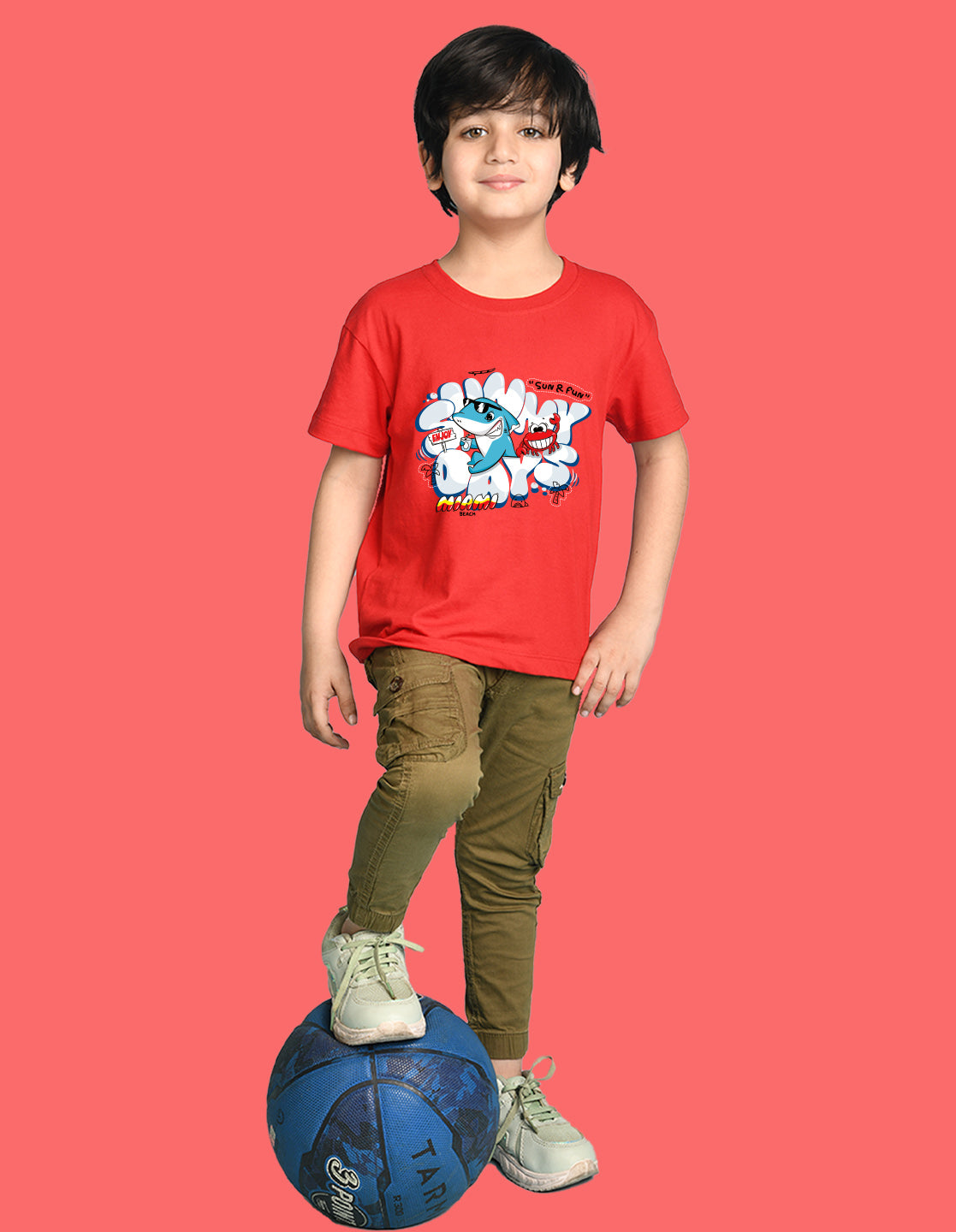 Nusyl Boys Red Shark & Text Printed Short sleeve Cotton Blend Oversized T-shirts