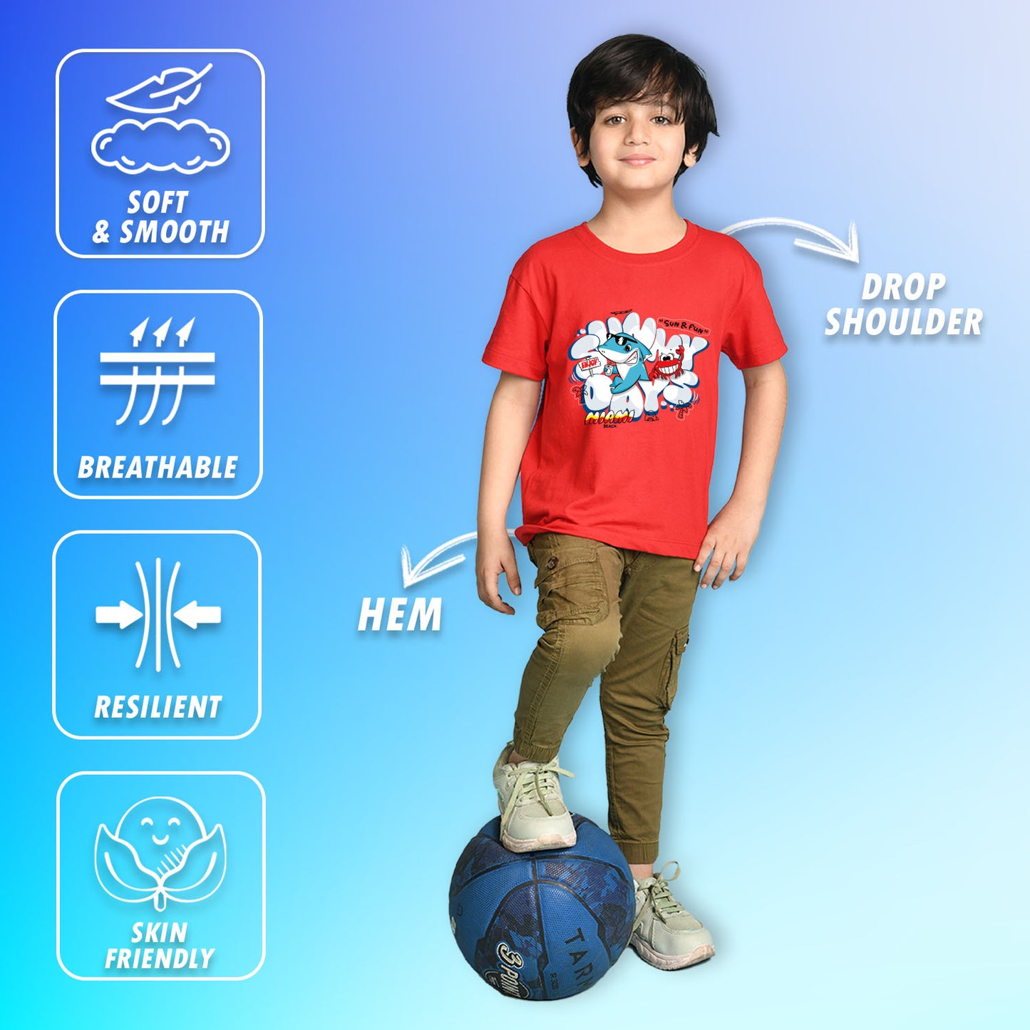 Nusyl Boys Red Shark & Text Printed Short sleeve Cotton Blend Oversized T-shirts