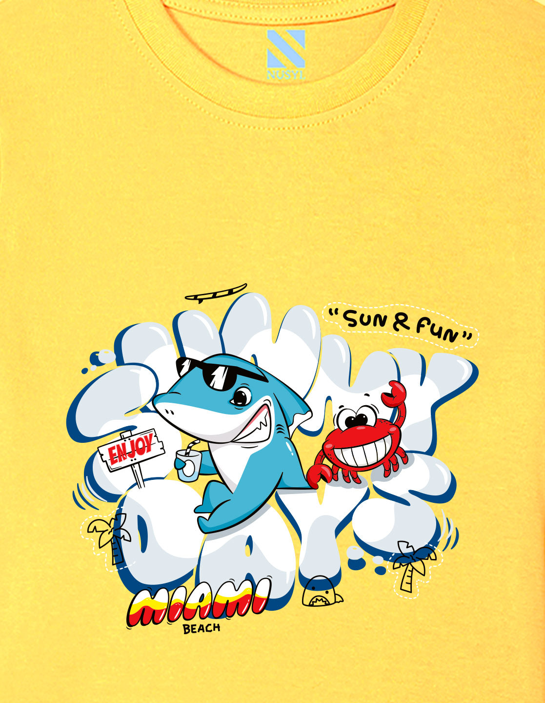 Nusyl Boys Yellow Shark & Text Printed Short sleeve Cotton Blend Oversized T-shirts