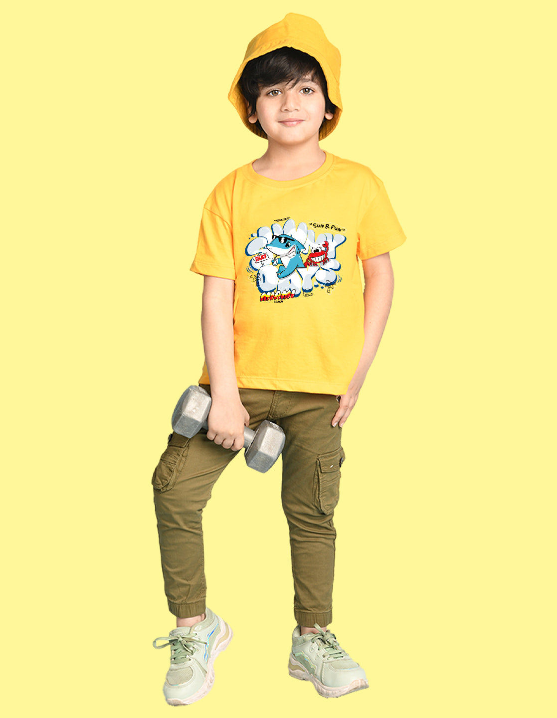 Nusyl Boys Yellow Shark & Text Printed Short sleeve Cotton Blend Oversized T-shirts