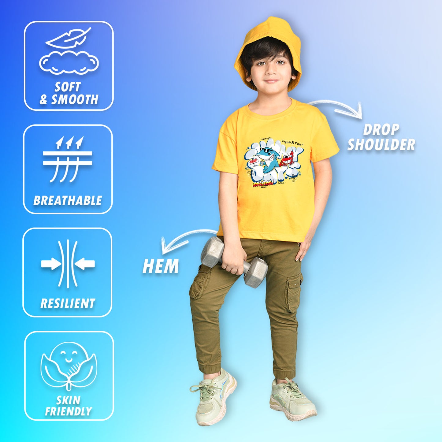 Nusyl Boys Yellow Shark & Text Printed Short sleeve Cotton Blend Oversized T-shirts