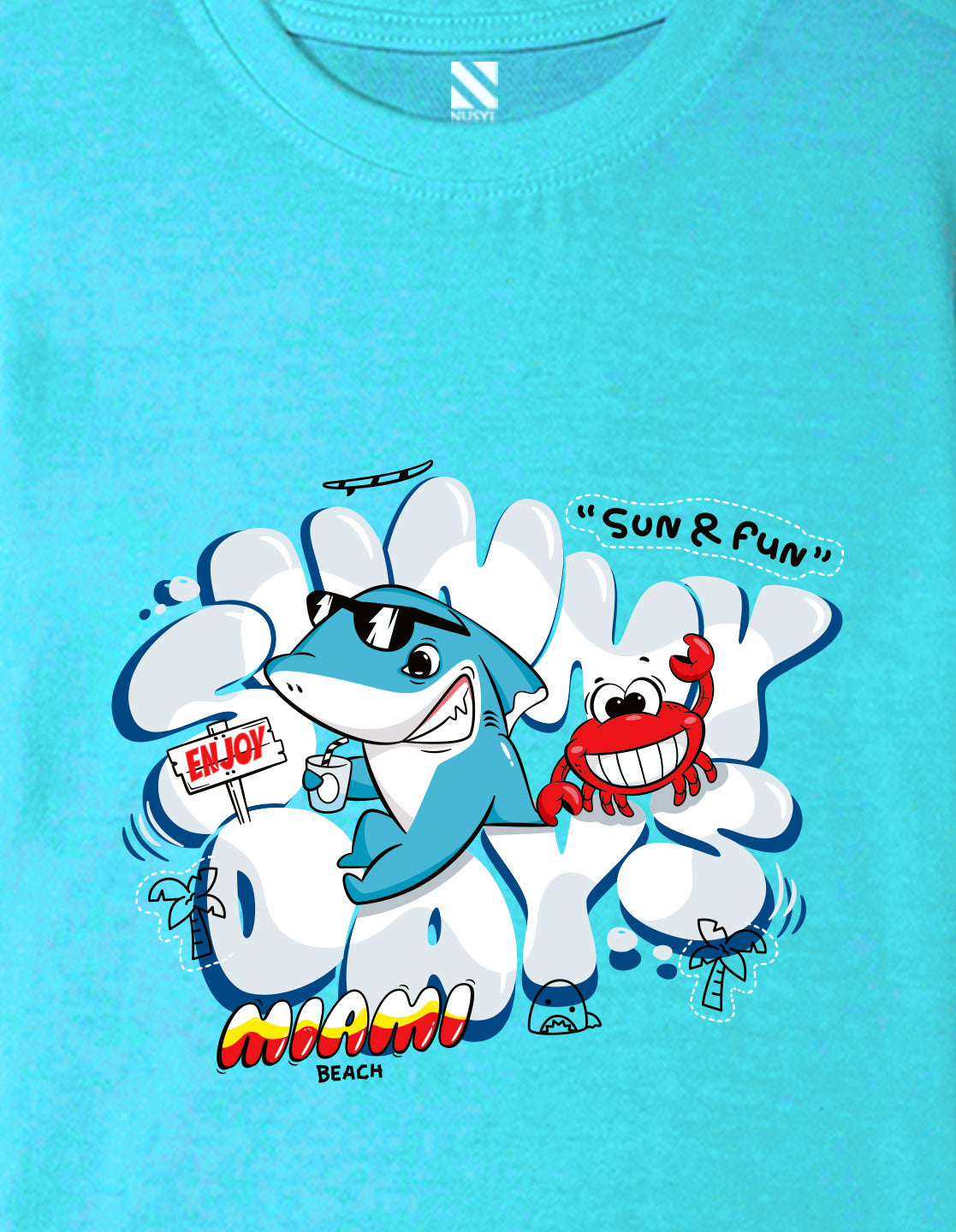 Nusyl Boys Sky Blue Shark & Text Printed Short sleeve Cotton Blend Oversized T-shirts