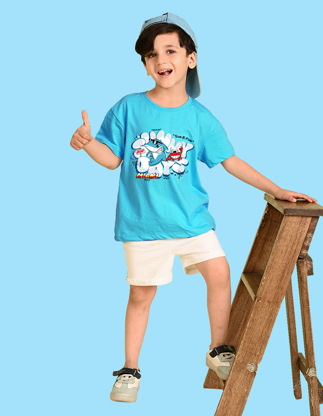 Nusyl Boys Sky Blue Shark & Text Printed Short sleeve Cotton Blend Oversized T-shirts