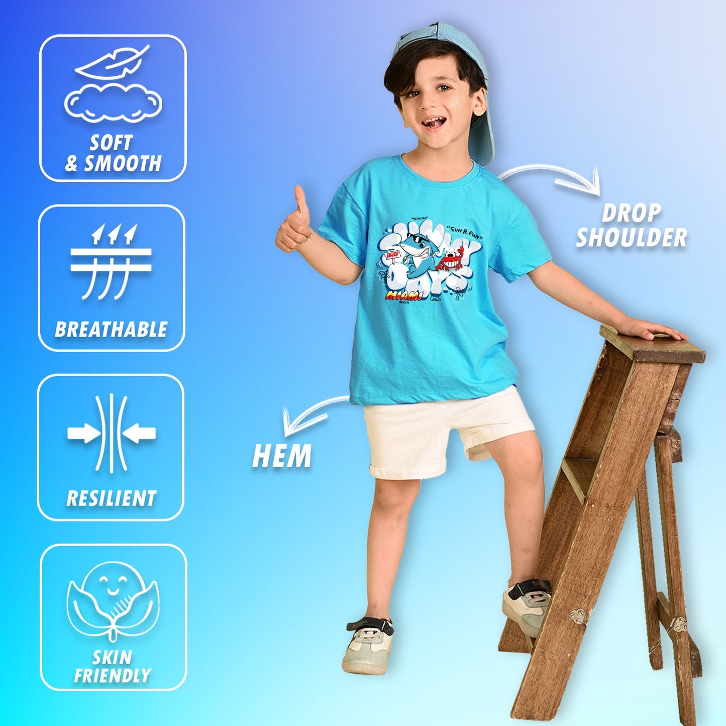 Nusyl Boys Sky Blue Shark & Text Printed Short sleeve Cotton Blend Oversized T-shirts