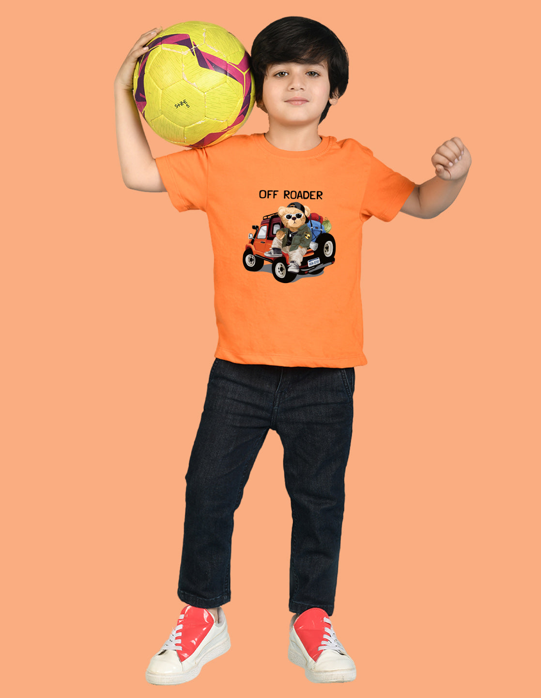 Nusyl Boys Orange Off Roader Text Printed Short sleeve Cotton Blend Oversized T-shirts