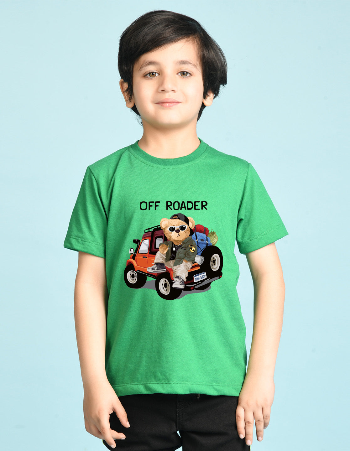 Nusyl Boys Green Off Roader Text & Teddy Bear Printed Short sleeve Cotton Blend Oversized T-shirts