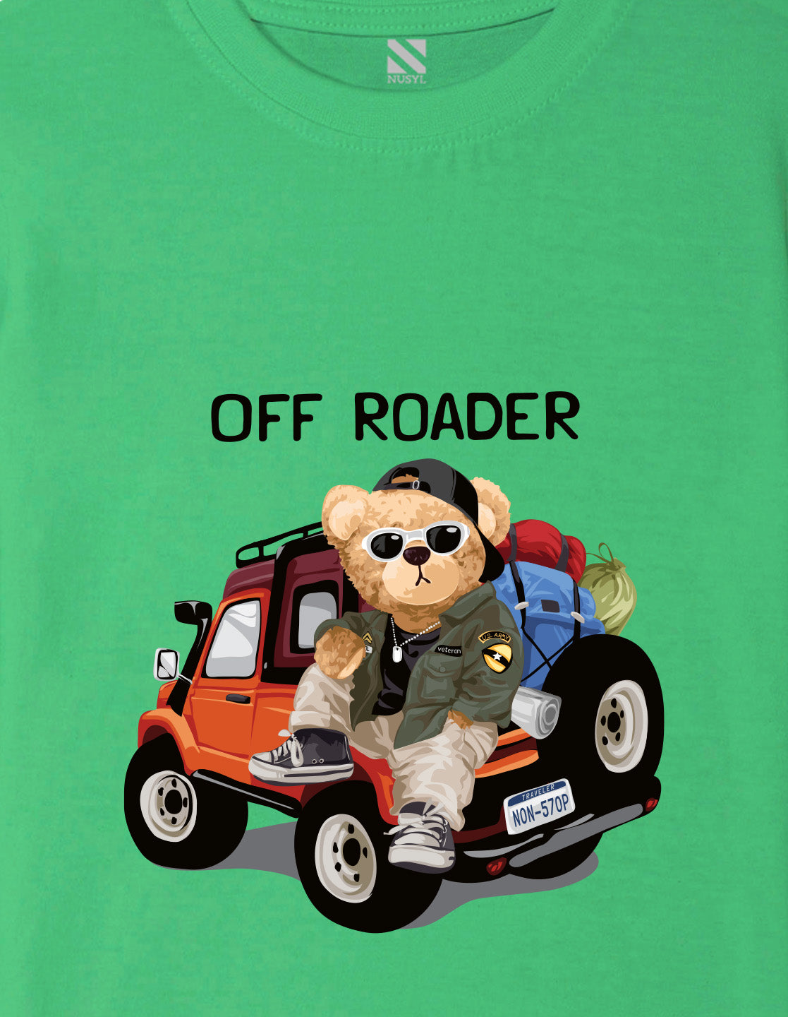 Nusyl Boys Green Off Roader Text & Teddy Bear Printed Short sleeve Cotton Blend Oversized T-shirts