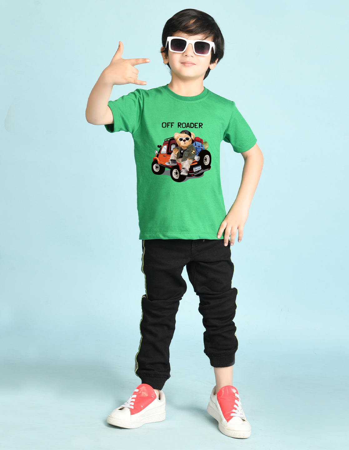 Nusyl Boys Green Off Roader Text & Teddy Bear Printed Short sleeve Cotton Blend Oversized T-shirts