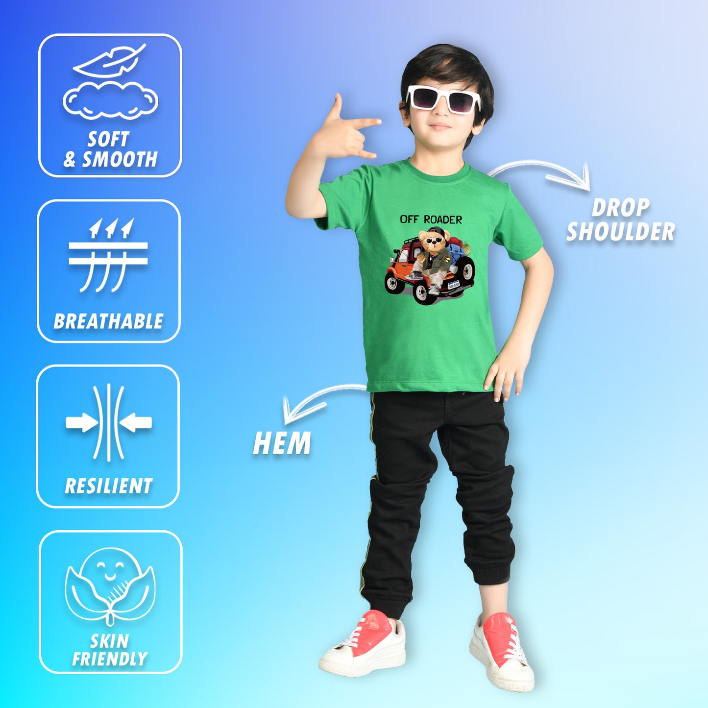 Nusyl Boys Green Off Roader Text & Teddy Bear Printed Short sleeve Cotton Blend Oversized T-shirts