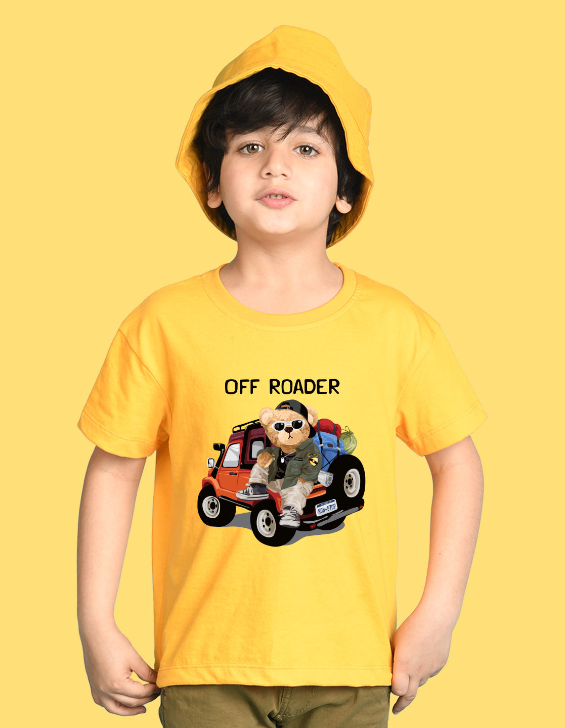 Nusyl Boys Yellow Off Roader Text Printed Short sleeve Cotton Blend Oversized T-shirts