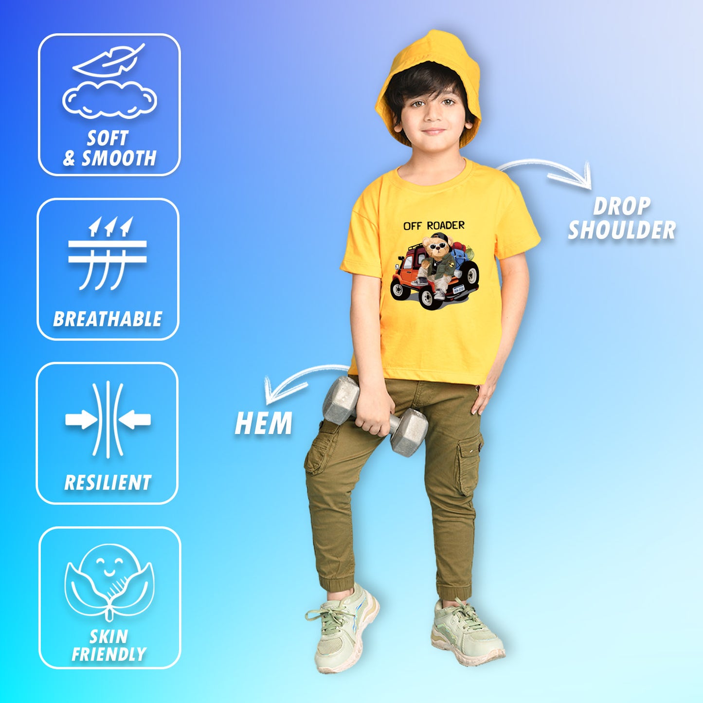 Nusyl Boys Yellow Off Roader Text Printed Short sleeve Cotton Blend Oversized T-shirts