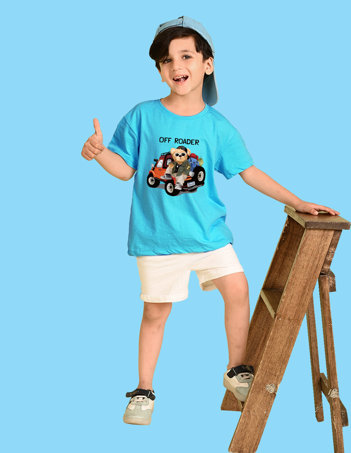Nusyl Boys Sky Blue Off Roader Text Printed Short sleeve Cotton Blend Oversized T-shirts