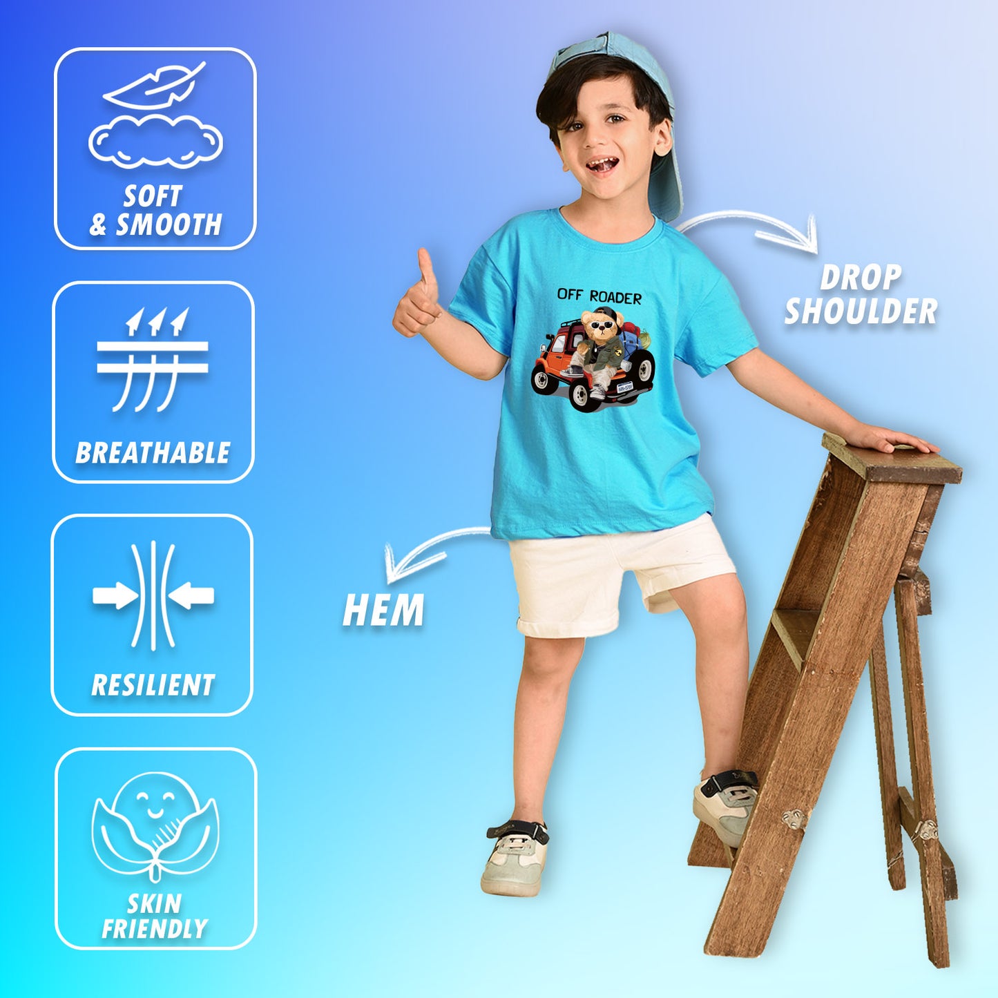 Nusyl Boys Sky Blue Off Roader Text Printed Short sleeve Cotton Blend Oversized T-shirts