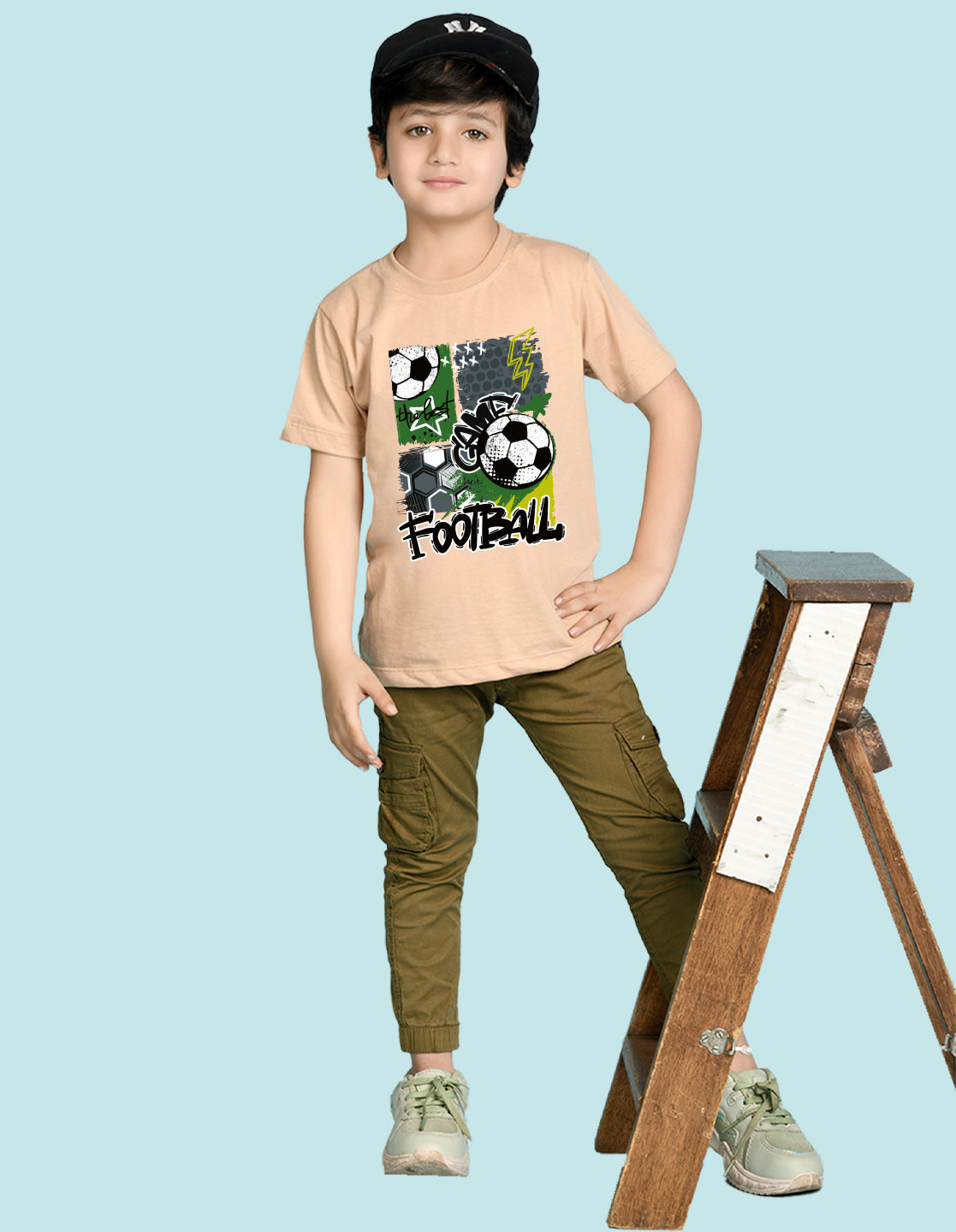 Nusyl Boys Beige Football Printed Short sleeve Cotton Blend Oversized T-shirts