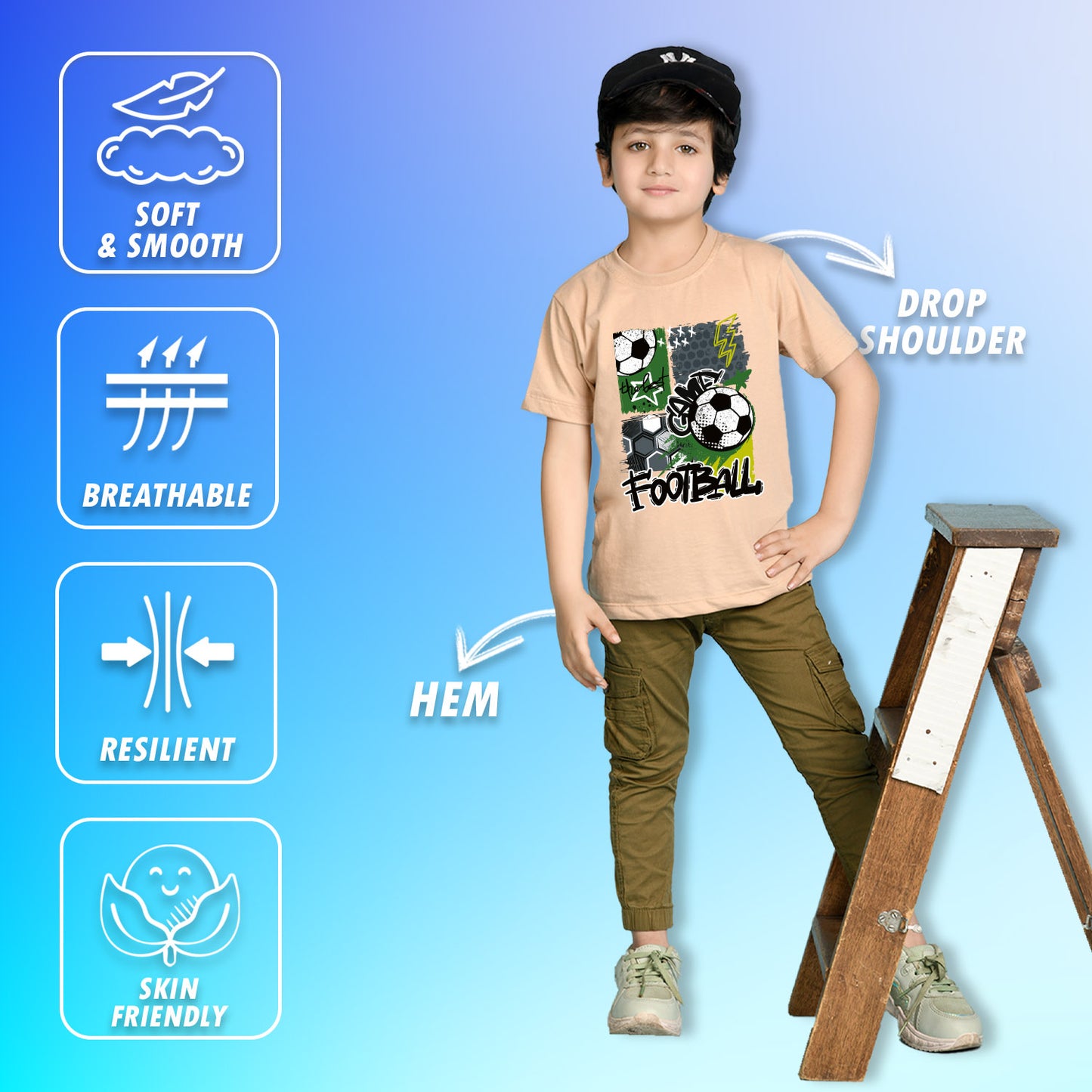 Nusyl Boys Beige Football Printed Short sleeve Cotton Blend Oversized T-shirts