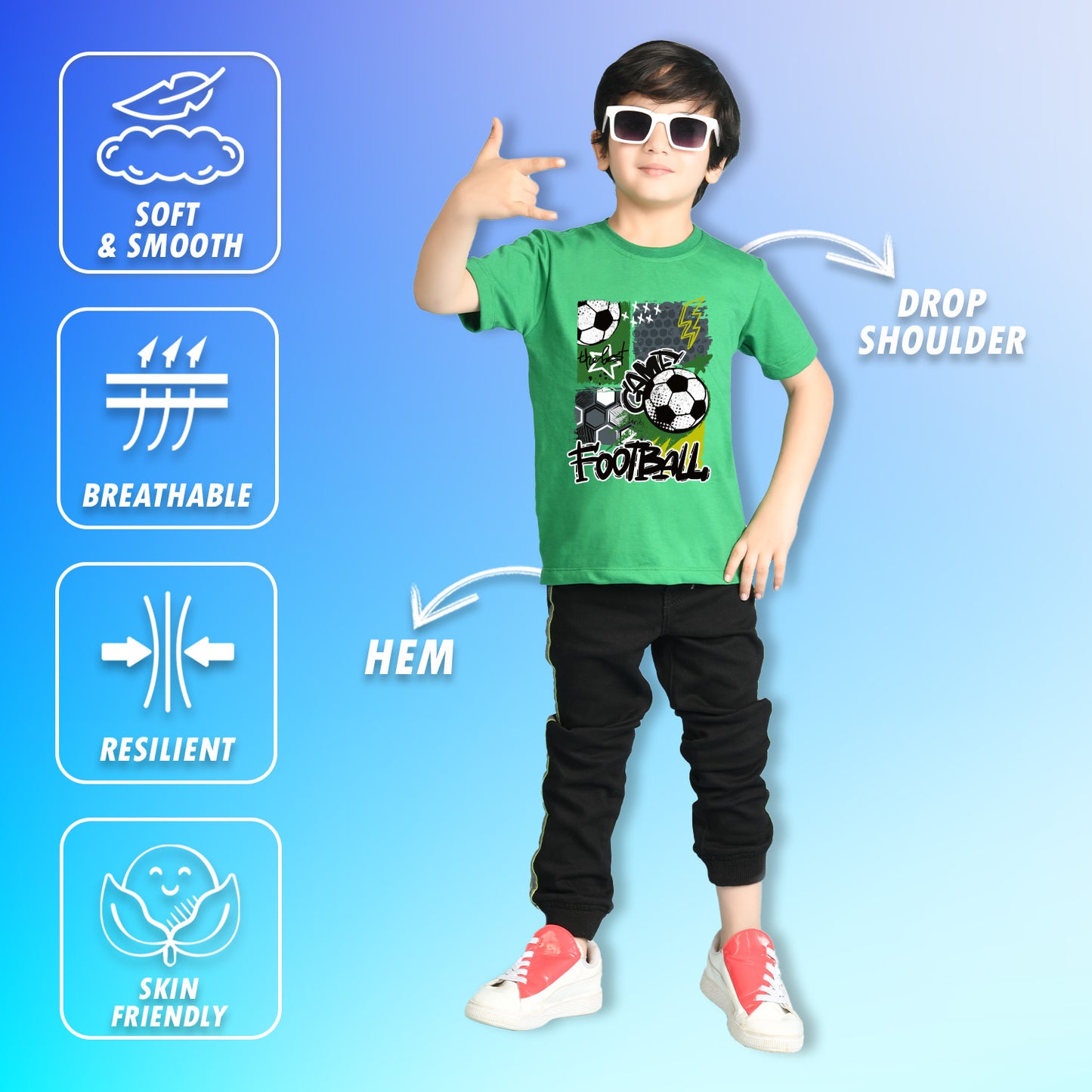 Nusyl Boys Green Football Printed Short sleeve Cotton Blend Oversized T-shirts