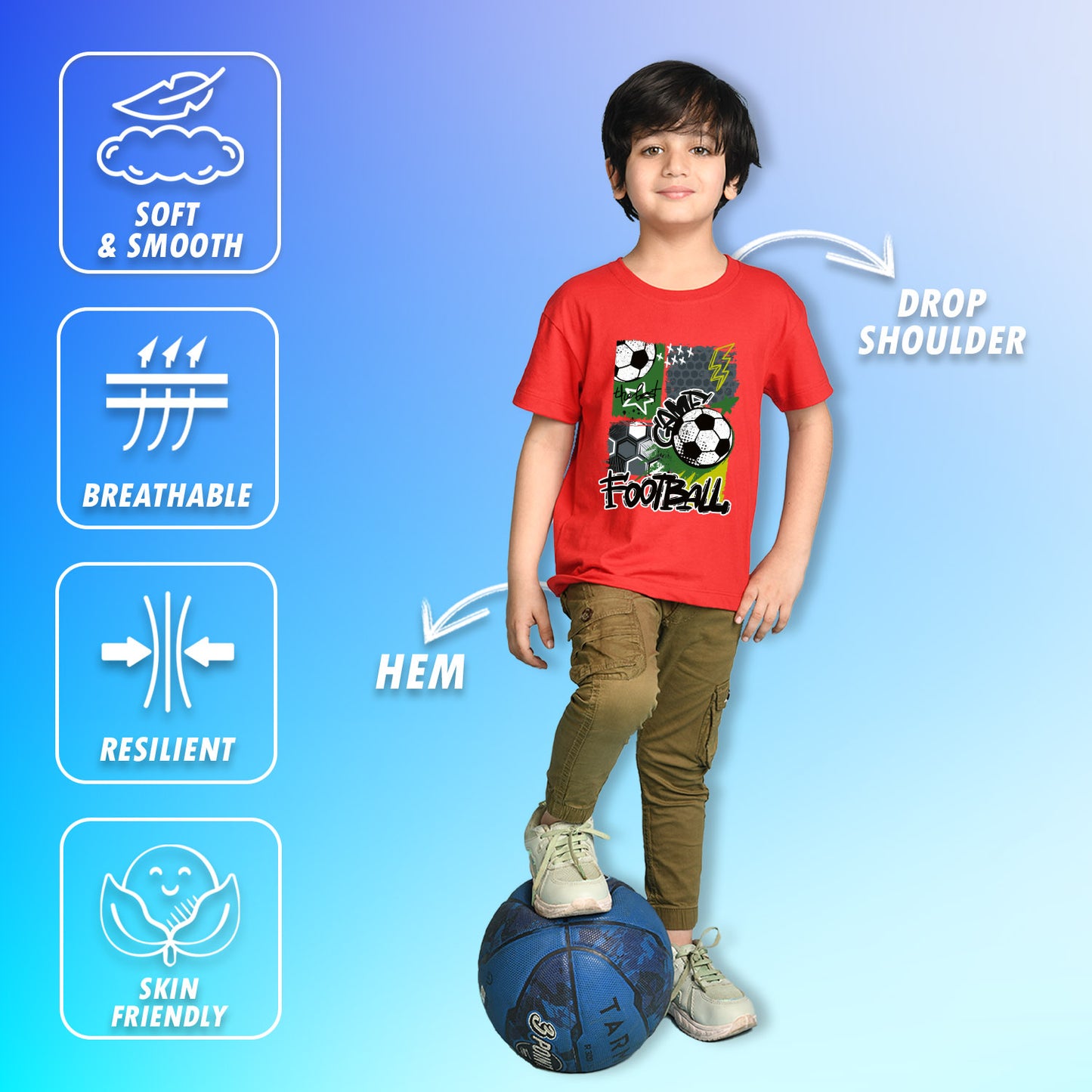 Nusyl Boys Red Football Printed Short sleeve Cotton Blend Oversized T-shirts