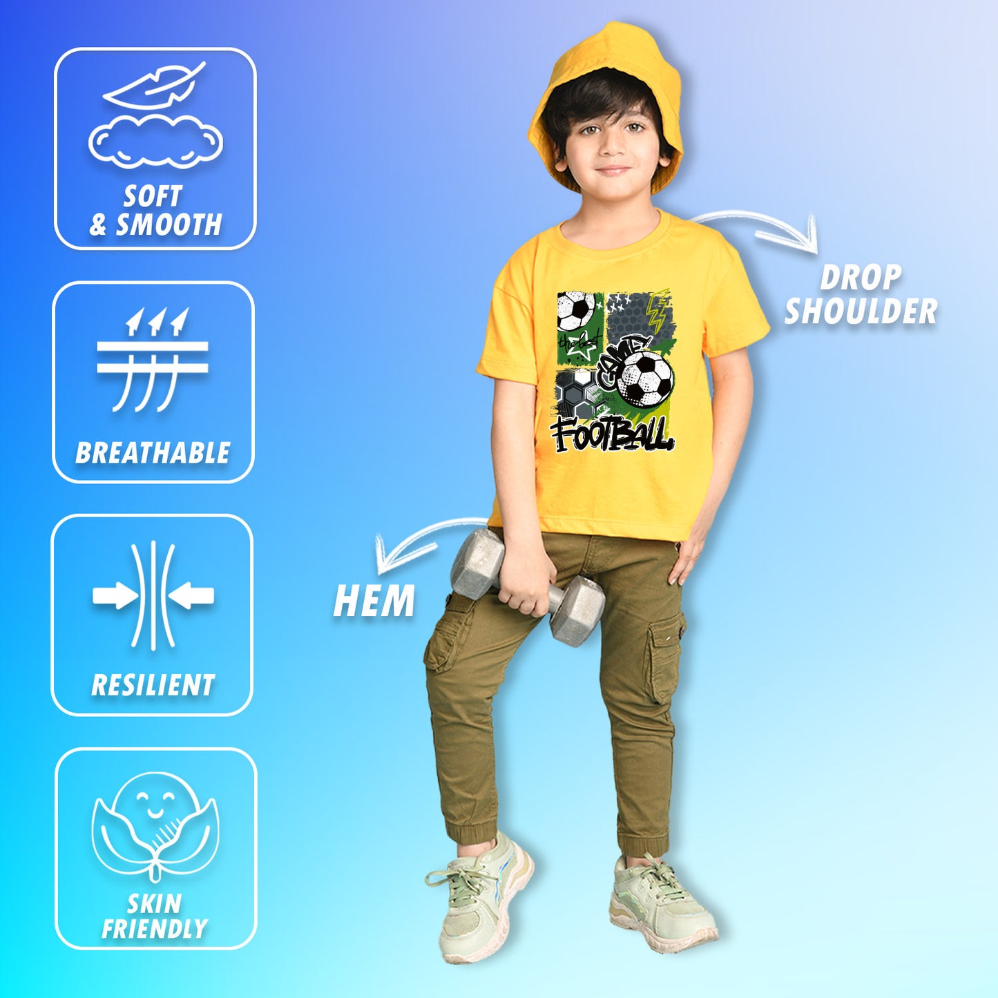 Nusyl Boys Yellow Football Printed Short sleeve Cotton Blend Oversized T-shirts
