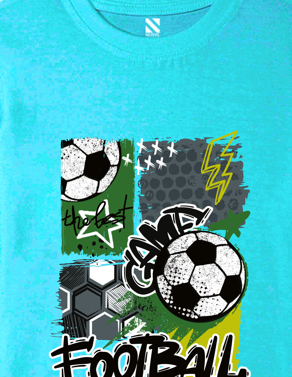 Nusyl Boys Sky Blue Football Printed Short sleeve Cotton Blend Oversized T-shirts