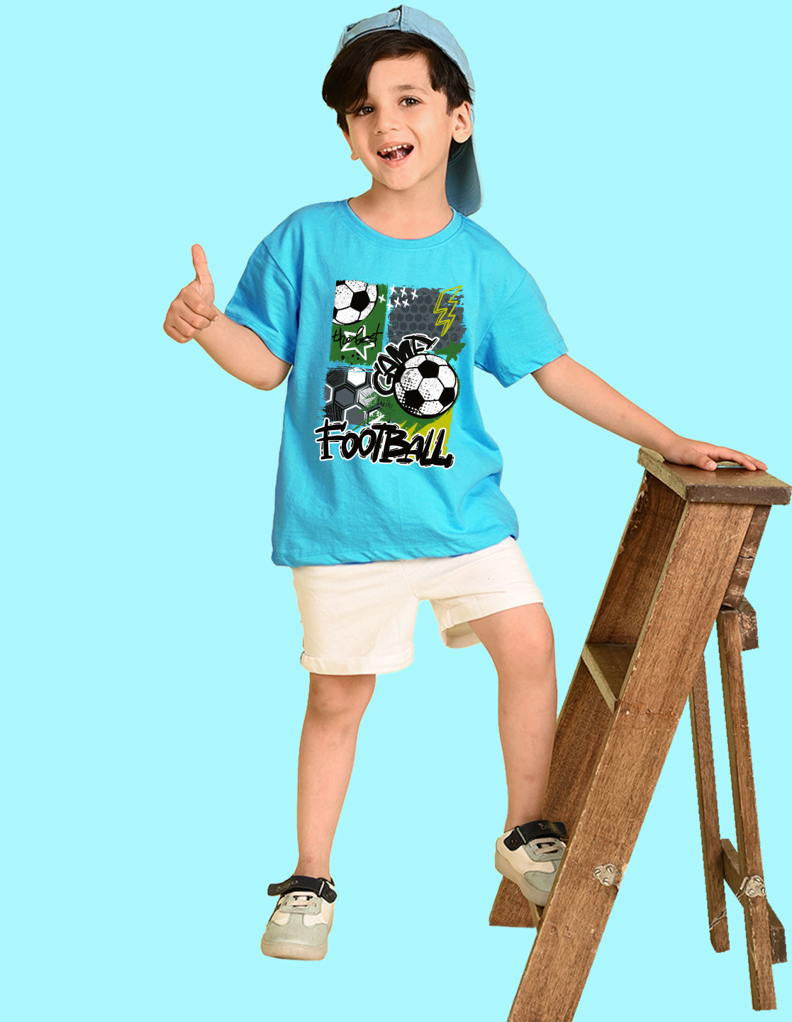Nusyl Boys Sky Blue Football Printed Short sleeve Cotton Blend Oversized T-shirts