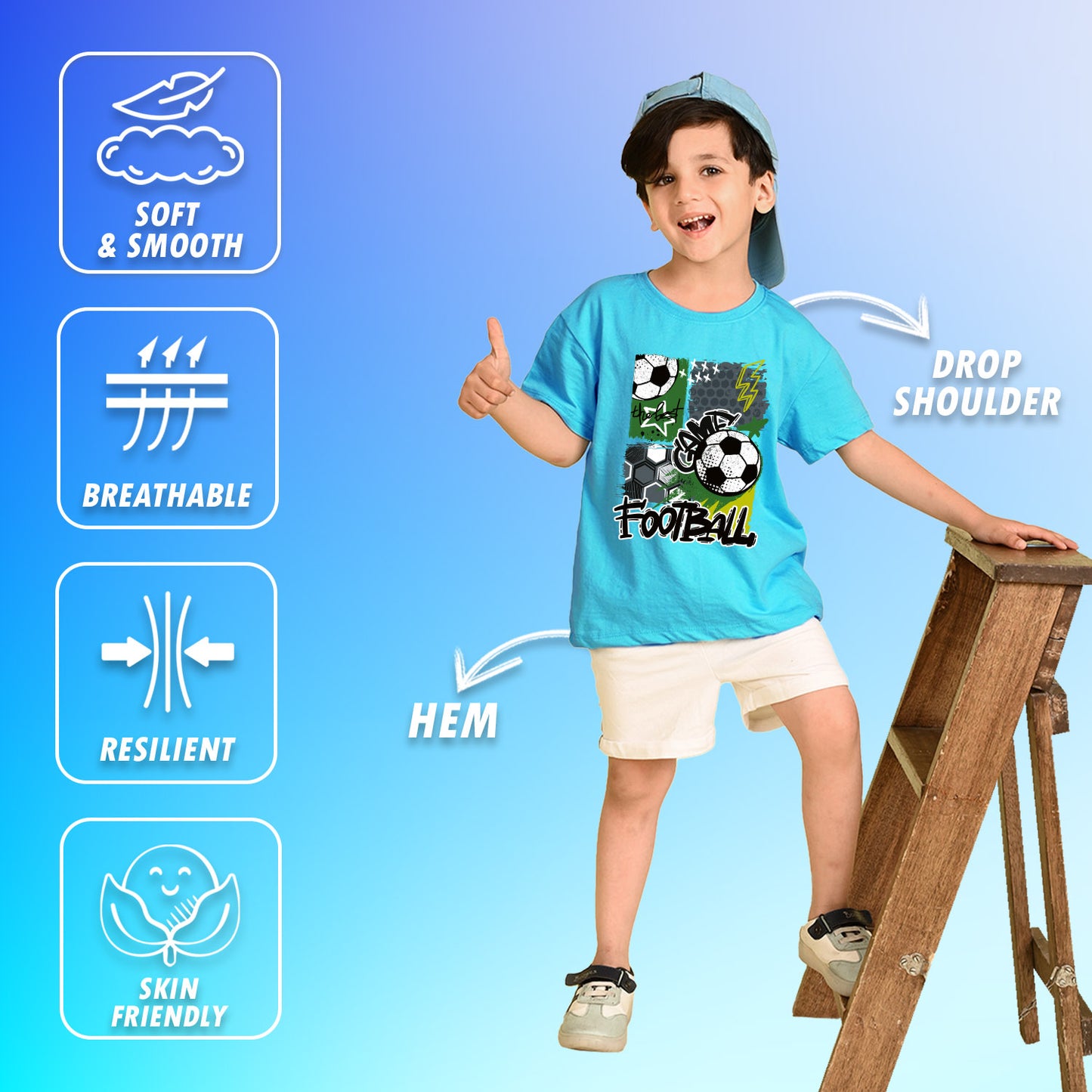 Nusyl Boys Sky Blue Football Printed Short sleeve Cotton Blend Oversized T-shirts