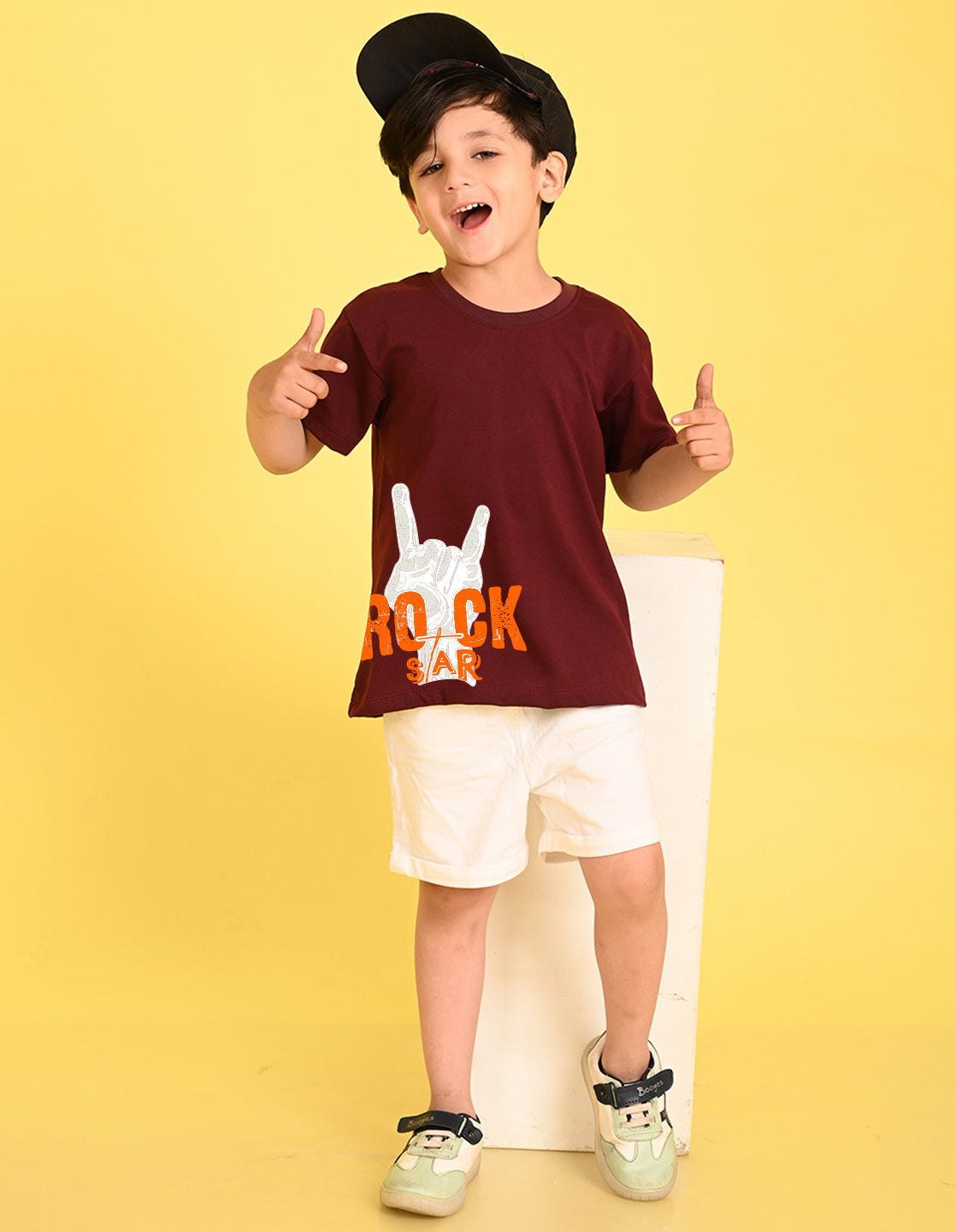 Nusyl Boys Wine Rock Star Text Printed Short sleeve Cotton Blend Oversized T-shirts