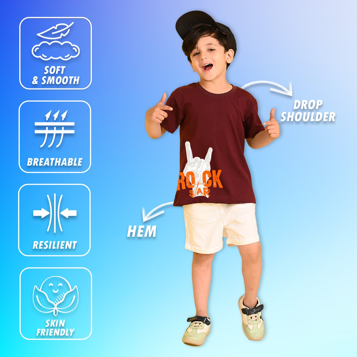 Nusyl Boys Wine Rock Star Text Printed Short sleeve Cotton Blend Oversized T-shirts