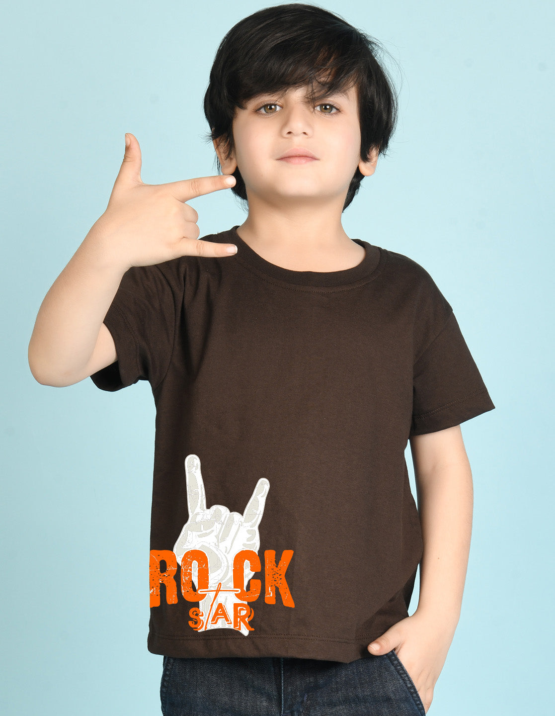 Nusyl Boys Brown Rock Star Text Printed Short sleeve Cotton Blend Oversized T-shirts