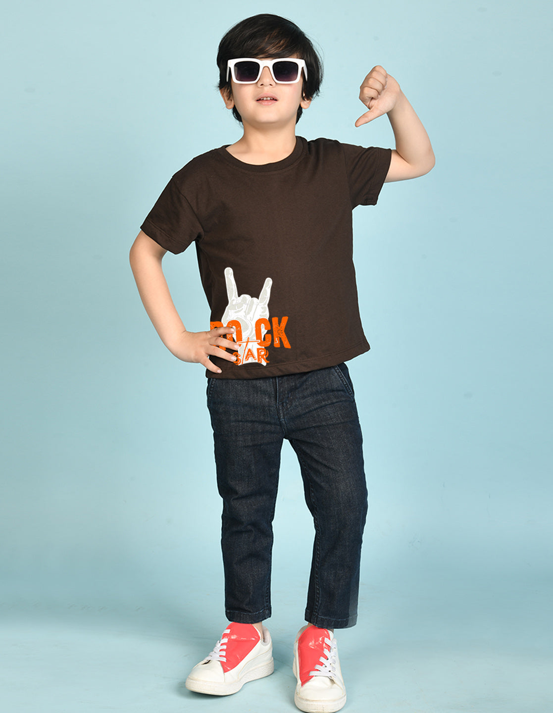 Nusyl Boys Brown Rock Star Text Printed Short sleeve Cotton Blend Oversized T-shirts