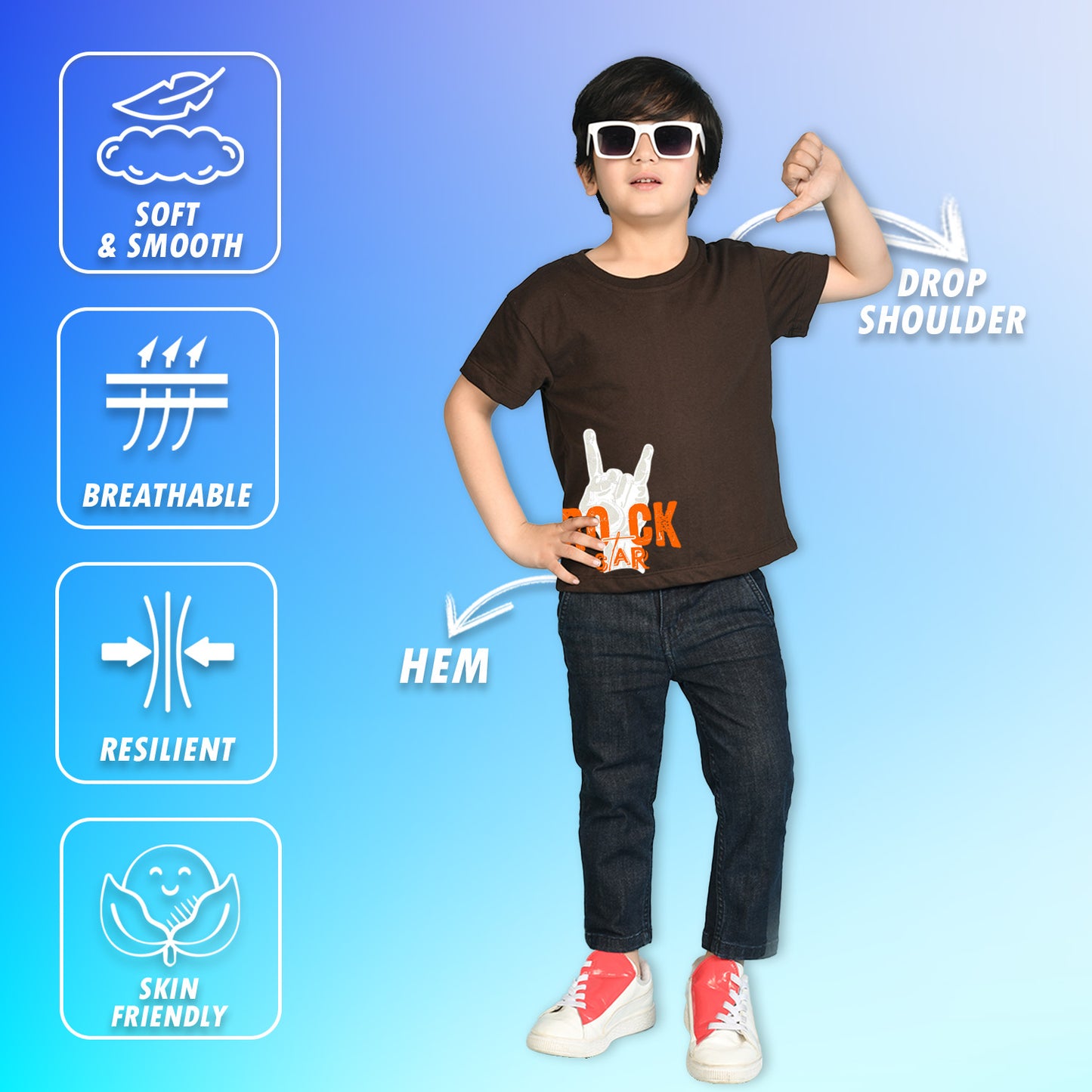 Nusyl Boys Brown Rock Star Text Printed Short sleeve Cotton Blend Oversized T-shirts