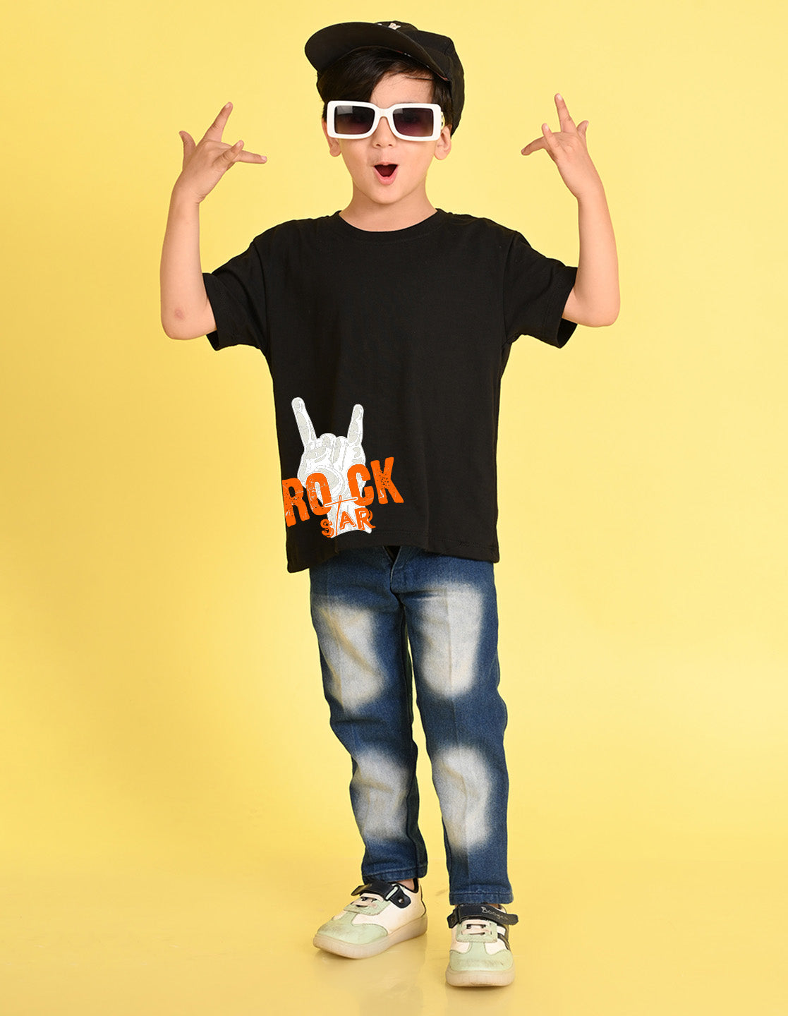 Nusyl Boys Black Rock Star Text Printed Short sleeve Cotton Blend Oversized T-shirts
