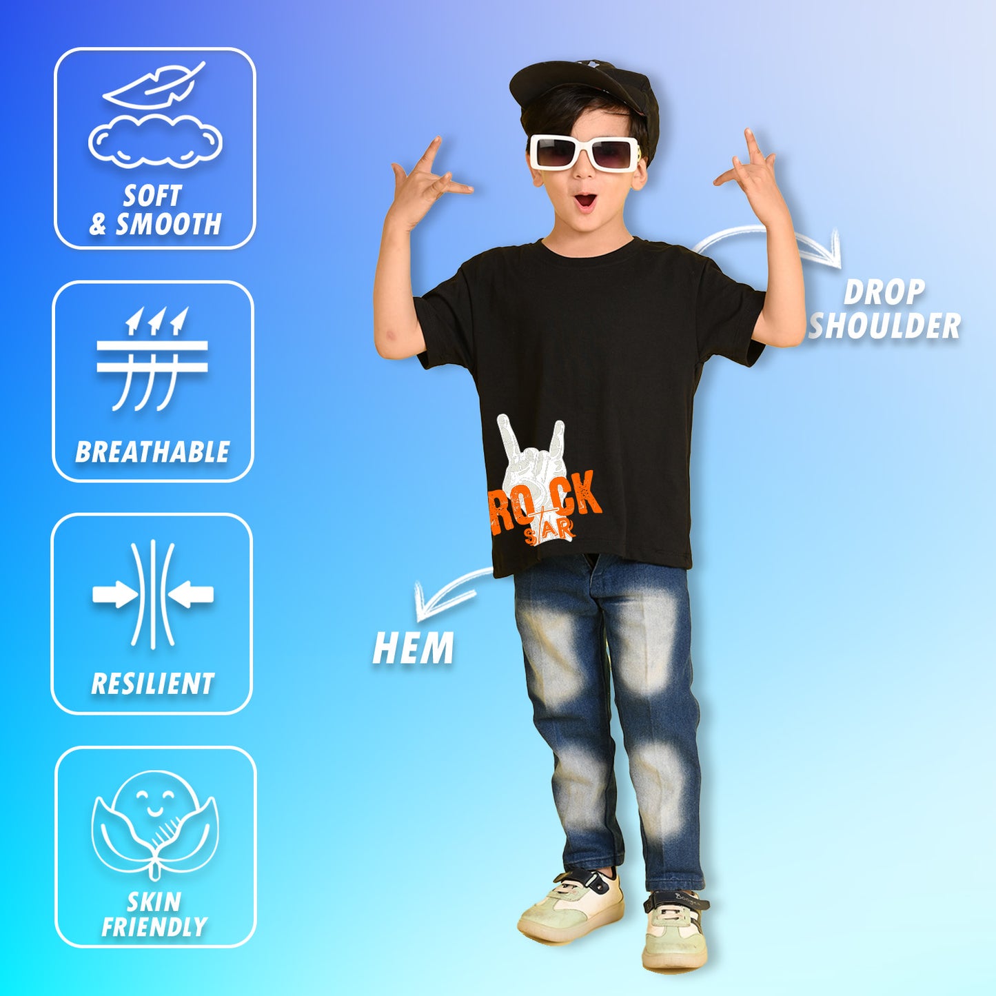 Nusyl Boys Black Rock Star Text Printed Short sleeve Cotton Blend Oversized T-shirts