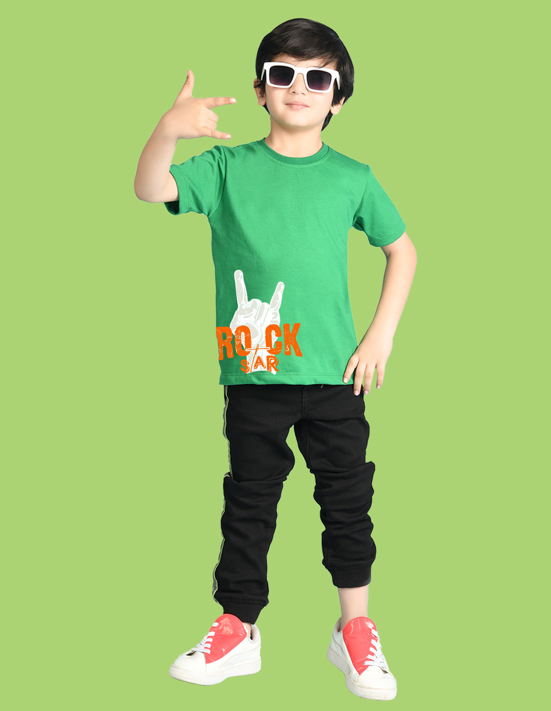 Nusyl Boys Green Rock Star Text Printed Short sleeve Cotton Blend Oversized T-shirts