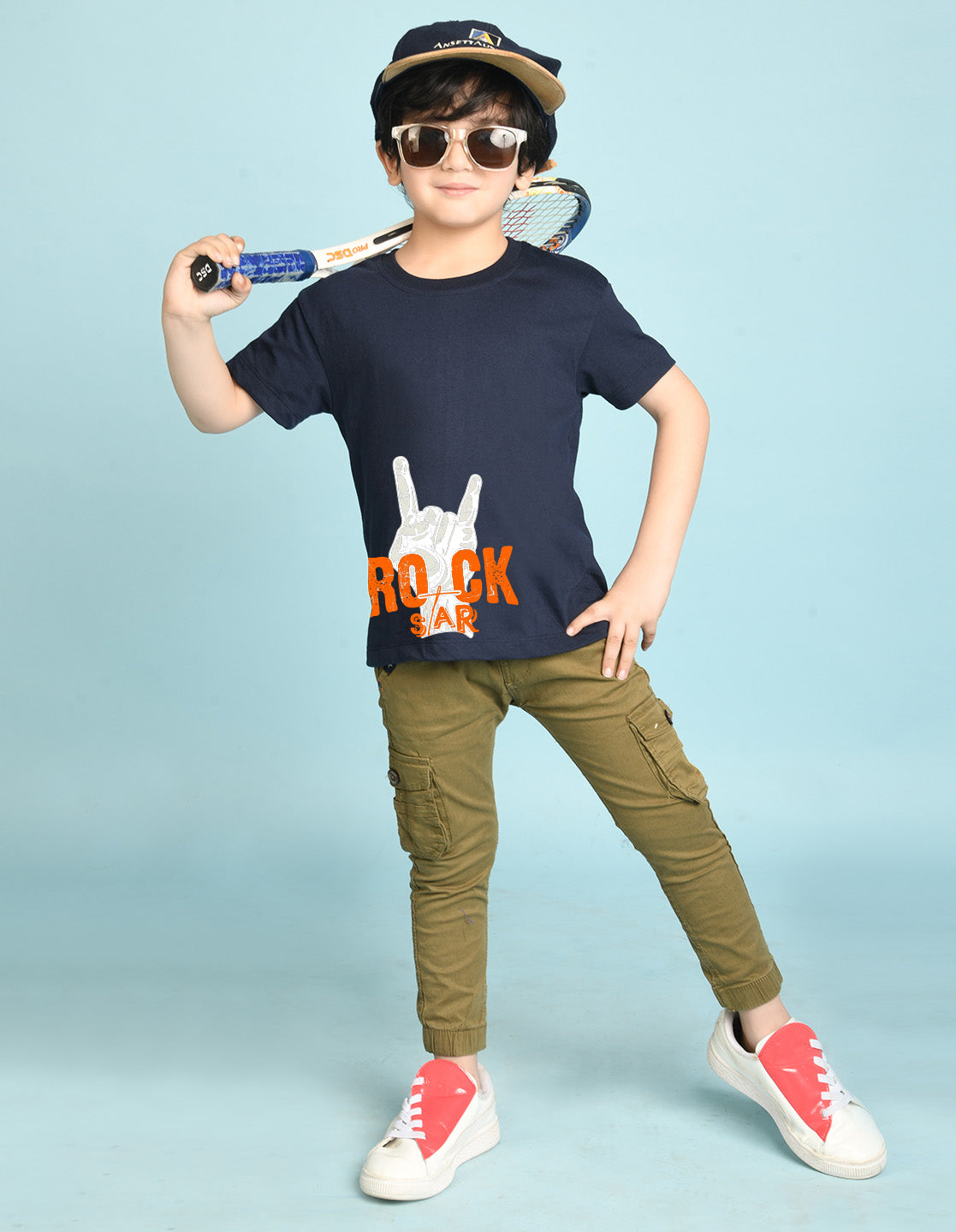 Nusyl Boys Navy Blue Rock Star Text Printed Short sleeve Cotton Blend Oversized T-shirts