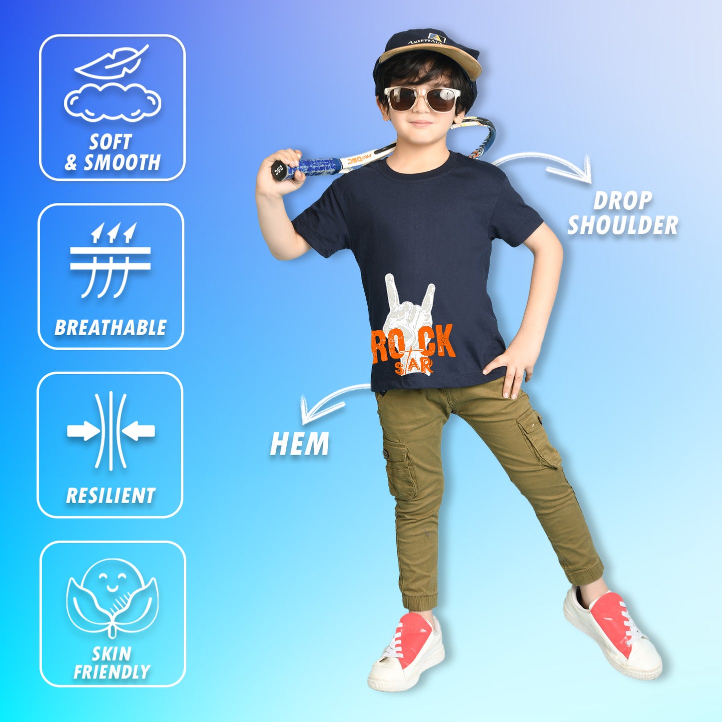 Nusyl Boys Navy Blue Rock Star Text Printed Short sleeve Cotton Blend Oversized T-shirts