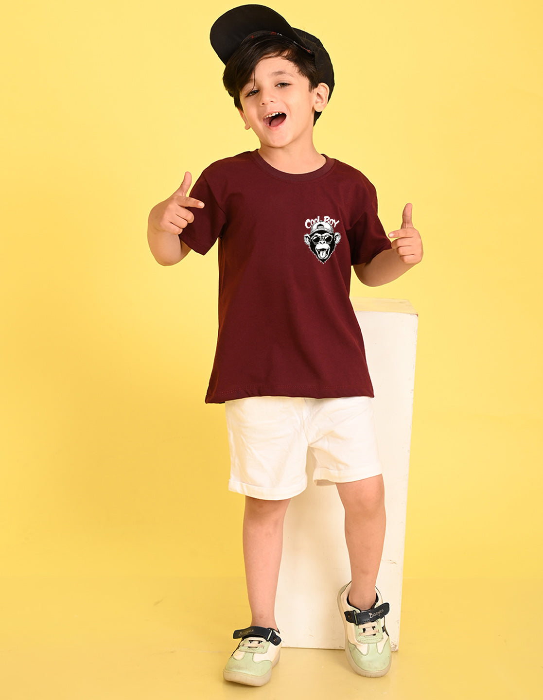 Nusyl Boys Wine Monkey Printed Short sleeve Cotton Blend Oversized T-shirts