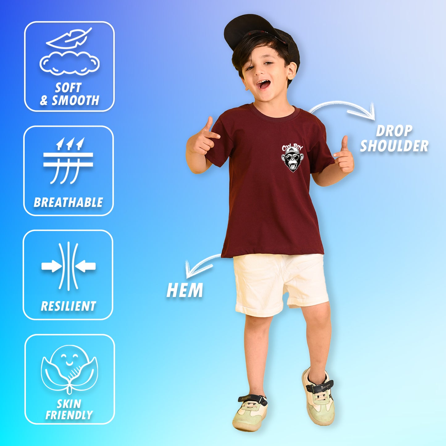 Nusyl Boys Wine Monkey Printed Short sleeve Cotton Blend Oversized T-shirts
