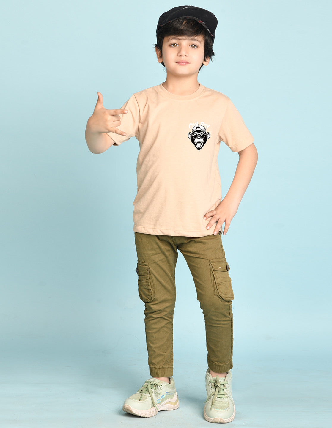 Nusyl Boys Beige Monkey Printed Short sleeve Cotton Blend Oversized T-shirts