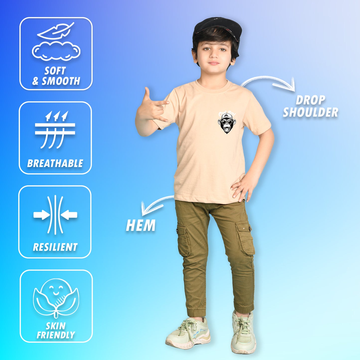Nusyl Boys Beige Monkey Printed Short sleeve Cotton Blend Oversized T-shirts