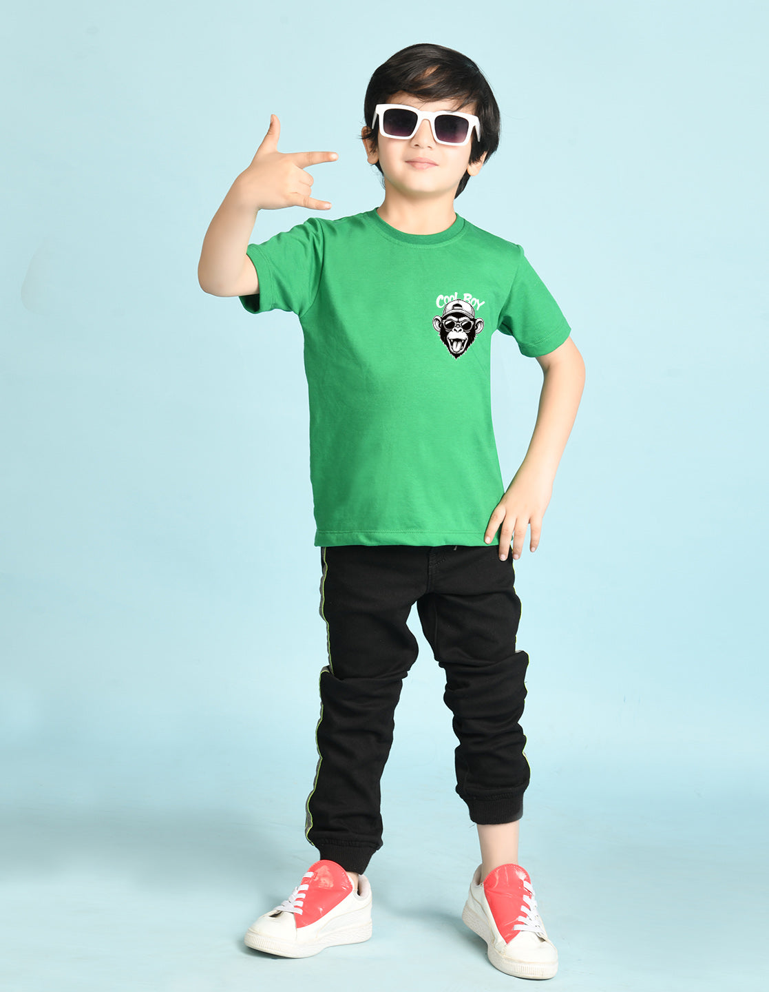 Nusyl Boys Green Monkey Printed Short sleeve Cotton Blend Oversized T-shirts